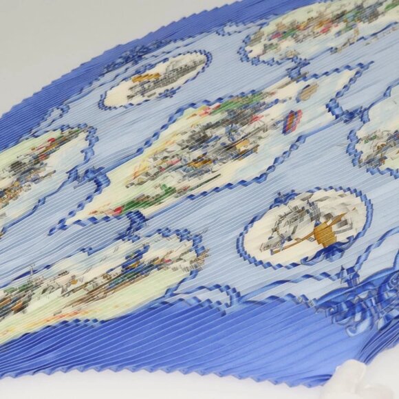 HERMES Pleated Carre 90 Scarf ""LES CHEVAUX DES MOGHOLS"" Silk Blue Auth 135502 - Picture 13 of 16